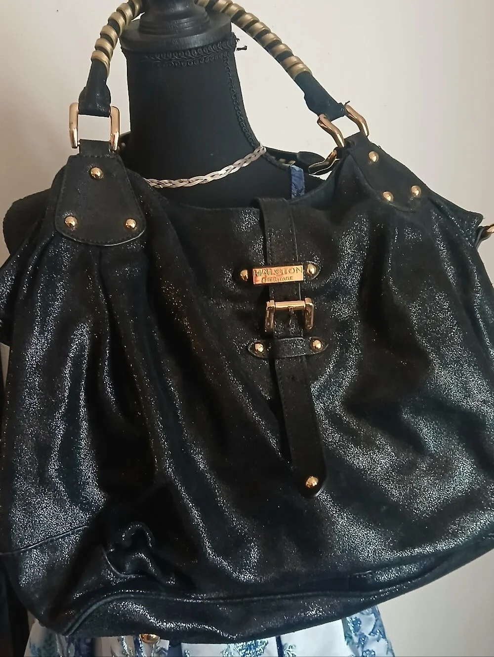 Halston Heritage Black Shimmer Leather Slouchy Hobo Bag - Gold Hardware